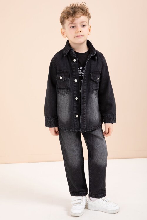Siyah Düğmeli Jean Ceketli Pantolonlu Erkek Çocuk 3lü Takım 23627