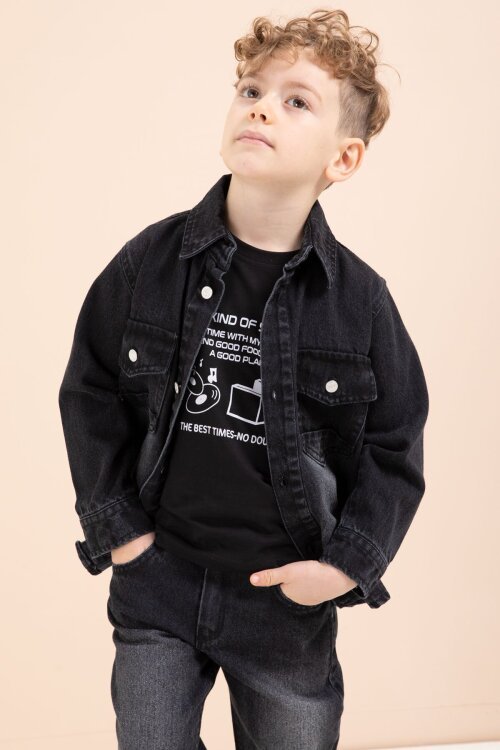 Siyah Düğmeli Jean Ceketli Pantolonlu Erkek Çocuk 3lü Takım 23627