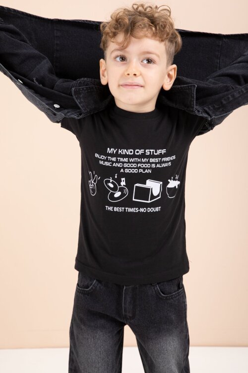 Siyah Düğmeli Jean Ceketli Pantolonlu Erkek Çocuk 3lü Takım 23627