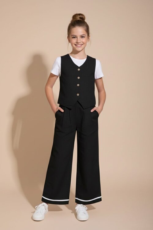 Siyah Düğmeli Keten Yelekli Geniş Paça Pantolonlu Kız Çocuk Takım 23493