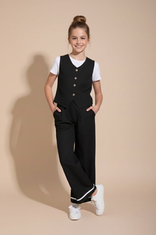 Siyah Düğmeli Keten Yelekli Geniş Paça Pantolonlu Kız Çocuk Takım 23493