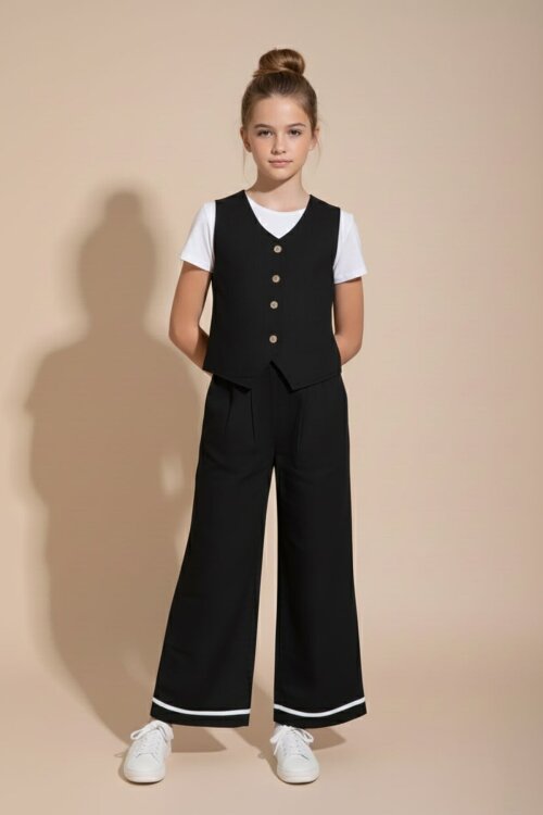 Siyah Düğmeli Keten Yelekli Geniş Paça Pantolonlu Kız Çocuk Takım 23493