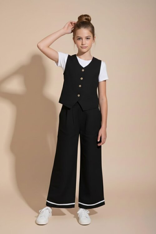 Siyah Düğmeli Keten Yelekli Geniş Paça Pantolonlu Kız Çocuk Takım 23493