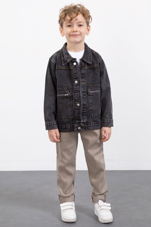 Siyah Fermuar Cepli Jean Ceketli Erkek Çocuk Pantolonlu 3lü Takım 20020