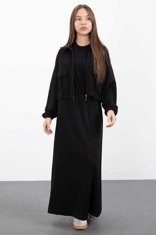 Siyah Fermuarlı Crop Ceketli Sıfır Kol Kız Çocuk Elbise Takımı  23409