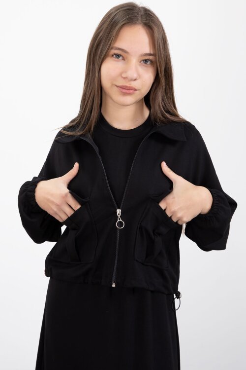 Siyah Fermuarlı Crop Ceketli Sıfır Kol Kız Çocuk Elbise Takımı  23409