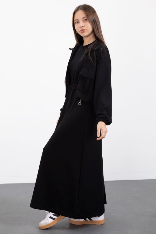 Siyah Fermuarlı Crop Ceketli Sıfır Kol Kız Çocuk Elbise Takımı  23409