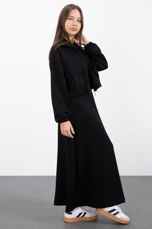 Siyah Fermuarlı Crop Ceketli Sıfır Kol Kız Çocuk Elbise Takımı  23409