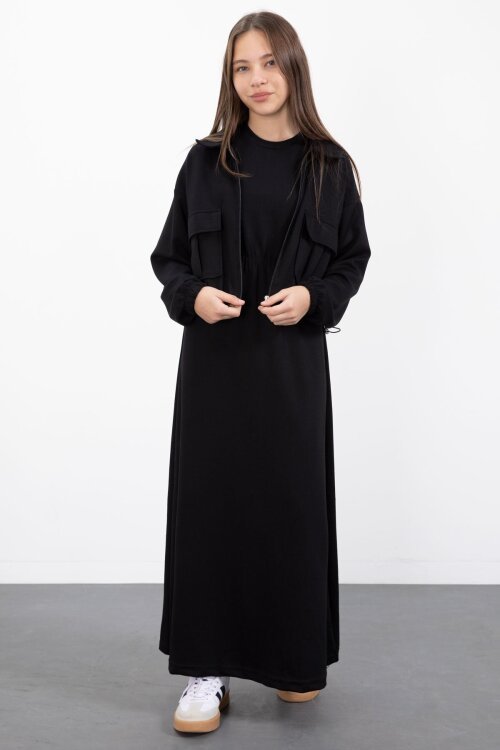 Siyah Fermuarlı Crop Ceketli Sıfır Kol Kız Çocuk Elbise Takımı  23409