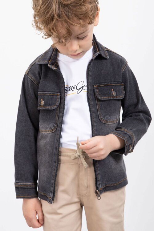 Siyah Fermuarlı Jean Ceketli Erkek Çocuk Pantolonlu 3lü Takım 23387
