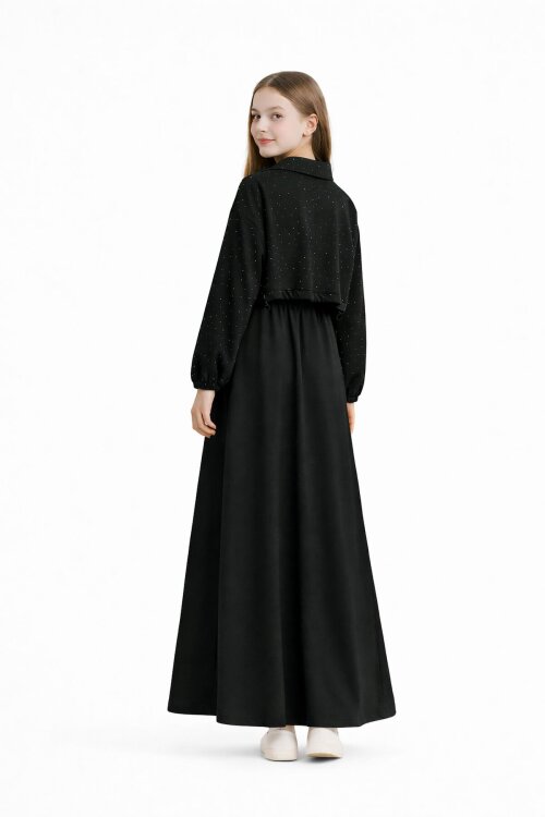 Siyah Fermuarlı Taşlı Crop Ceketli Sıfır Kol Kız Çocuk Elbise 23752