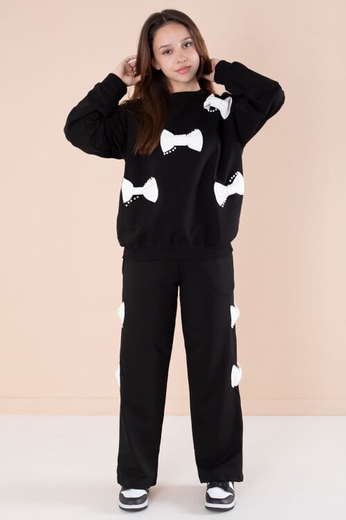 Siyah Fiyonklu İnci Detaylı Kız Çocuk Bisiklet Yaka 2li Eşofman Takımı 21205