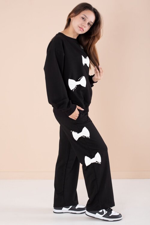 Siyah Fiyonklu İnci Detaylı Kız Çocuk Bisiklet Yaka 2li Eşofman Takımı 21205