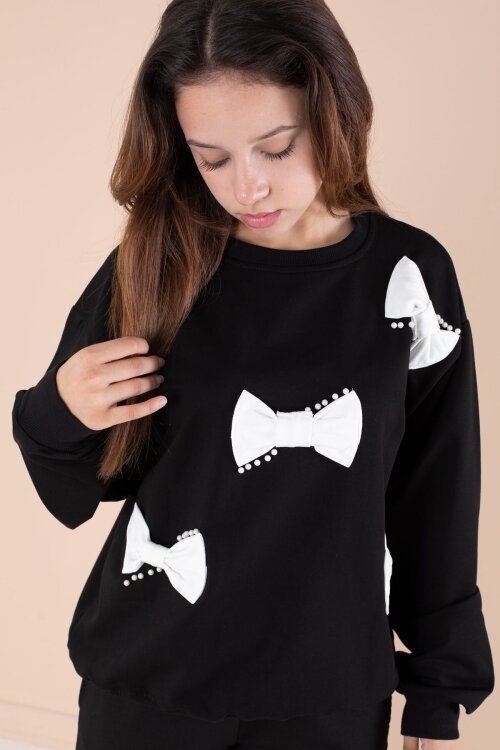 Siyah Fiyonklu İnci Detaylı Kız Çocuk Bisiklet Yaka 2li Eşofman Takımı 21205