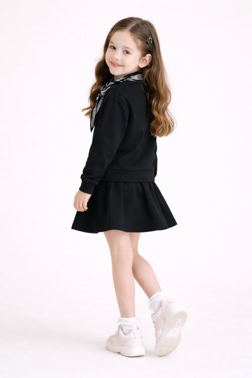 Siyah Fular Detaylı Badili Etekli Kız Çocuk 2li Takım  23532