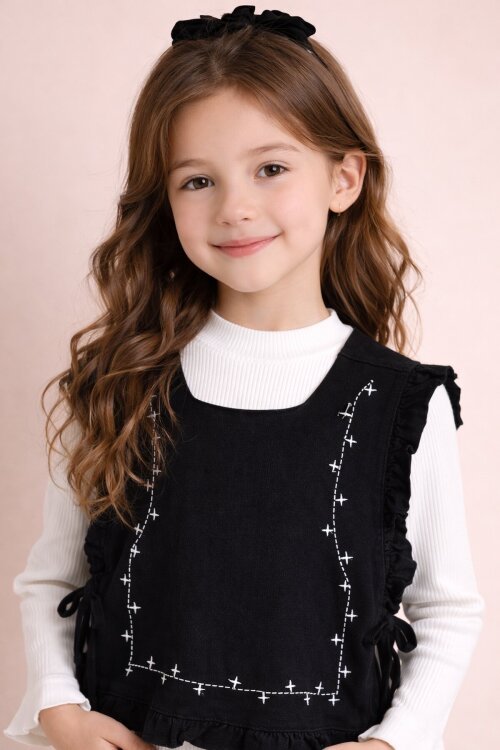 Siyah Geniş Paça Pantolonlu Taş Detaylı 3lü Kız Çocuk Jean Takım 23739