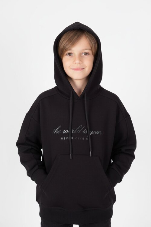 Siyah Göğüs Yazılı Kanguru Cepli Kapüşonlu Erkek Çocuk Sweatshirt 19339