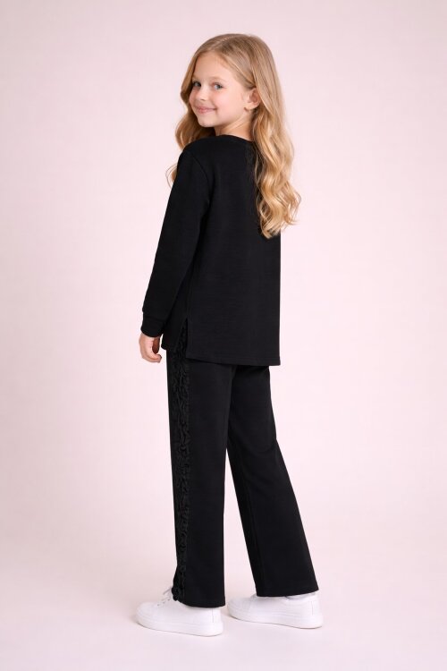 Siyah Gül Detaylı Geniş Paça Pantolonlu Kız Çocuk Badili 2li Takım 23729
