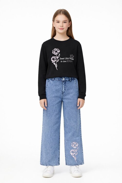 Siyah Gül Nakışlı Badili Jean Pantolonlu Kız Çocuk 2li Takım 23748