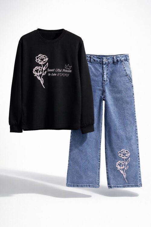 Siyah Gül Nakışlı Badili Jean Pantolonlu Kız Çocuk 2li Takım 23748