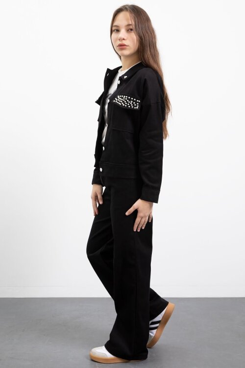 Siyah İnci Detaylı Jean Ceketli Kız Çocuk 3lü Pantolonlu Takım  23480