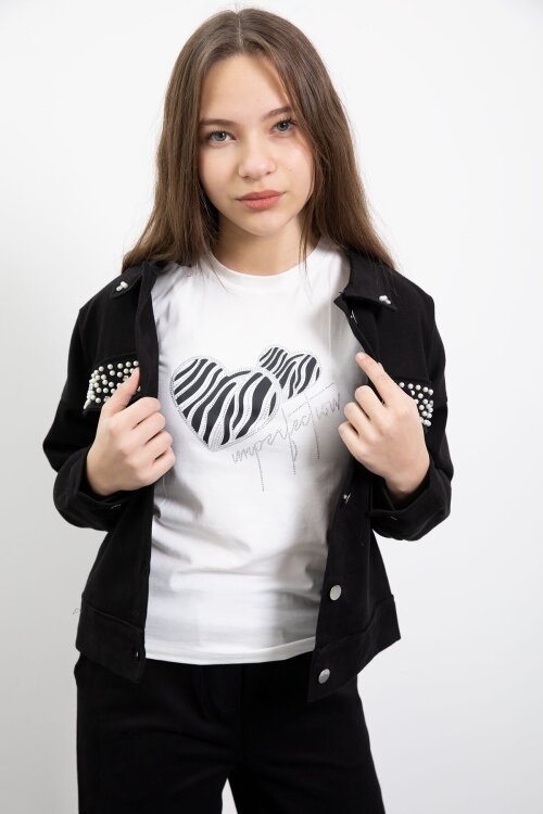 Siyah İnci Detaylı Jean Ceketli Kız Çocuk 3lü Pantolonlu Takım  23480