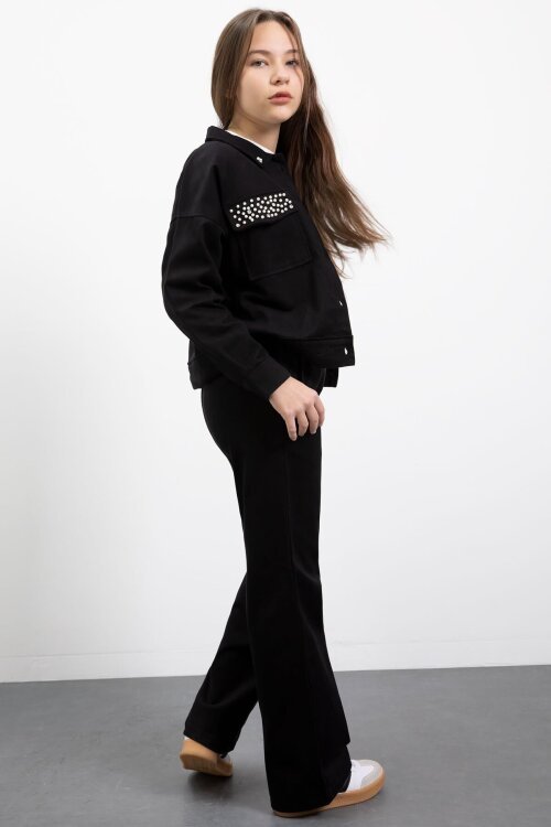 Siyah İnci Detaylı Jean Ceketli Kız Çocuk 3lü Pantolonlu Takım  23480