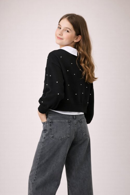 Siyah İnci İşlemeli Badili ve Jean Pantolonlu Kız Çocuk Gömlekli Takım 23599