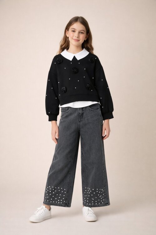 Siyah İnci İşlemeli Badili ve Jean Pantolonlu Kız Çocuk Gömlekli Takım 23599