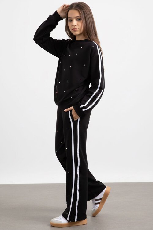 Siyah İnci İşlemeli Bisiklet Yaka Kız Çocuk Şeritli Eşofman Takımı 21291