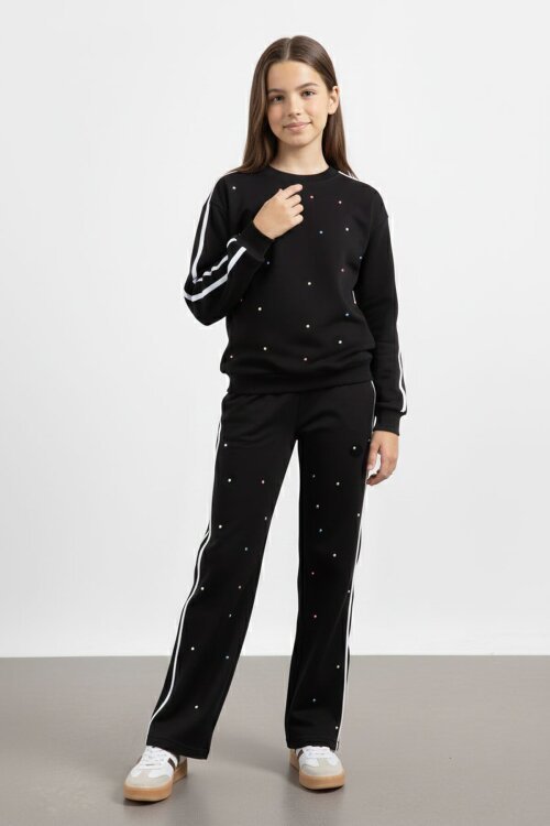 Siyah İnci İşlemeli Bisiklet Yaka Kız Çocuk Şeritli Eşofman Takımı 21291