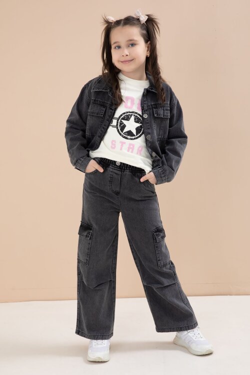 Siyah Jean Ceketli Kargo Cepli  Pantolonlu Kız Çocuk Badili 3lü Alt Üst Takım 23613