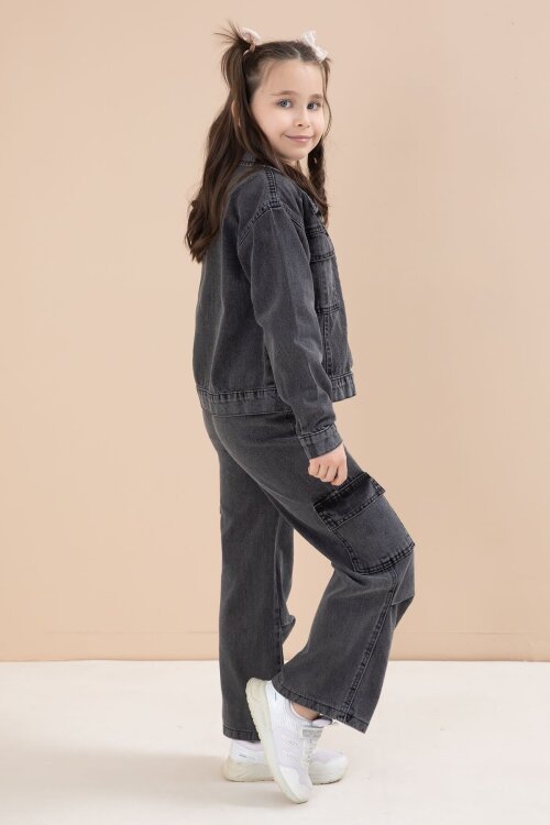 Siyah Jean Ceketli Kargo Cepli  Pantolonlu Kız Çocuk Badili 3lü Alt Üst Takım 23613