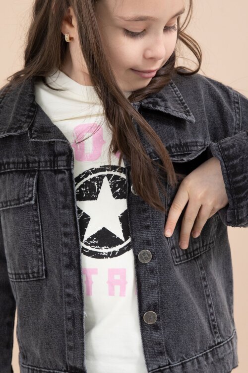 Siyah Jean Ceketli Kargo Cepli  Pantolonlu Kız Çocuk Badili 3lü Alt Üst Takım 23613