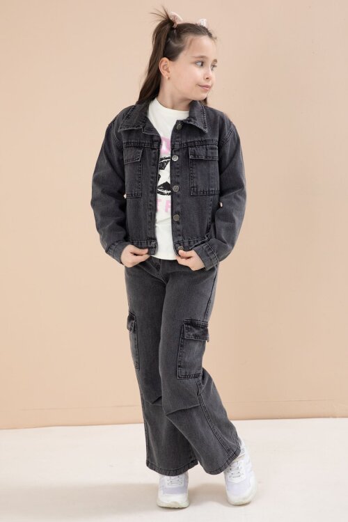 Siyah Jean Ceketli Kargo Cepli  Pantolonlu Kız Çocuk Badili 3lü Alt Üst Takım 23613