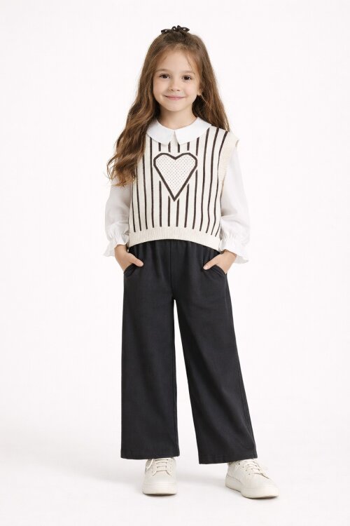 Siyah Kalp Desen Süveterli Gömlekli Kız Çocuk Pantolonlu 3lü Takım 23733