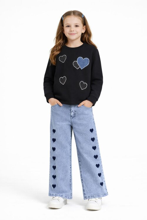 Siyah Kalp Desenli Badili Jean Pantolonlu Kız Çocuk 2li Takım  23743