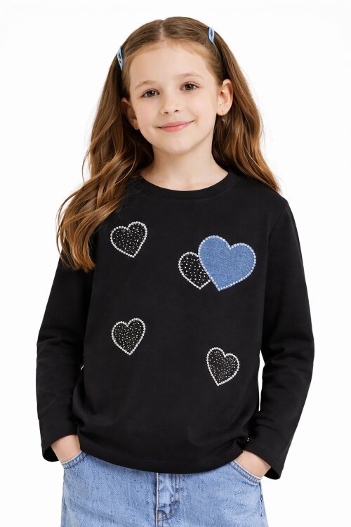 Siyah Kalp Desenli Badili Jean Pantolonlu Kız Çocuk 2li Takım  23743