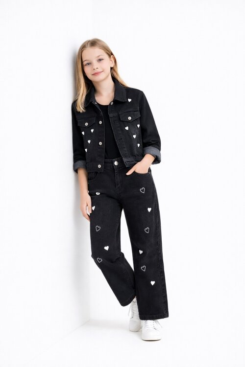 Siyah Kalp Desenli Düğmeli Ceketli Pantolonlu Kız Çocuk Jean Takım 23476
