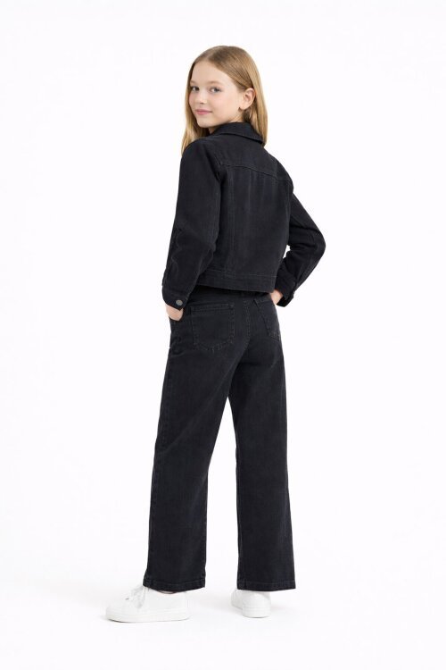 Siyah Kalp Desenli Düğmeli Ceketli Pantolonlu Kız Çocuk Jean Takım 23476