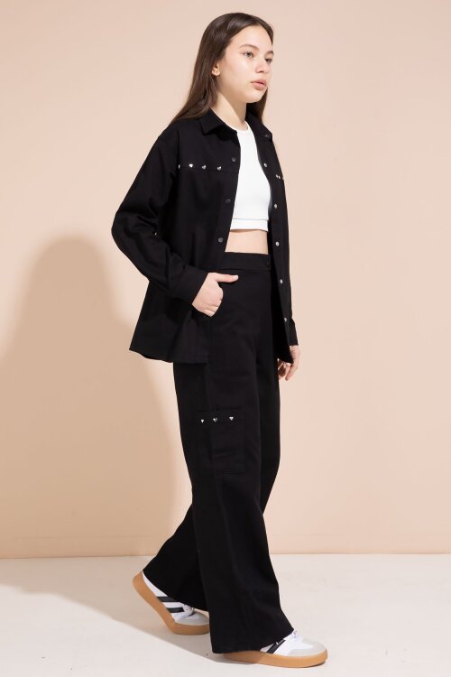 Siyah Kalp İşlemeli Gömlekli Geniş Paça Pantolonlu Kız Çocuk Gabardin Takım 23551