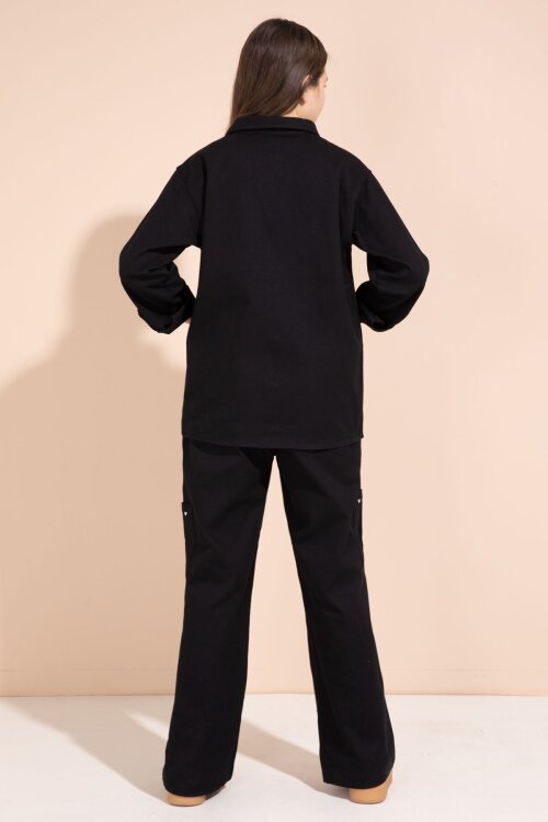 Siyah Kalp İşlemeli Gömlekli Geniş Paça Pantolonlu Kız Çocuk Gabardin Takım 23551