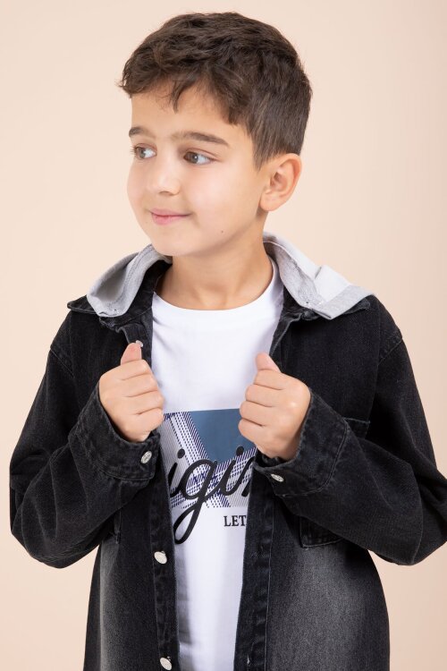 Siyah Kapüşonlu Ceketli Pantolonlu Erkek Çocuk 3lü Jean Takım  23623