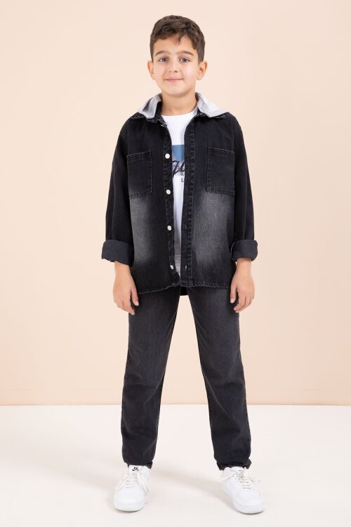 Siyah Kapüşonlu Ceketli Pantolonlu Erkek Çocuk 3lü Jean Takım  23623