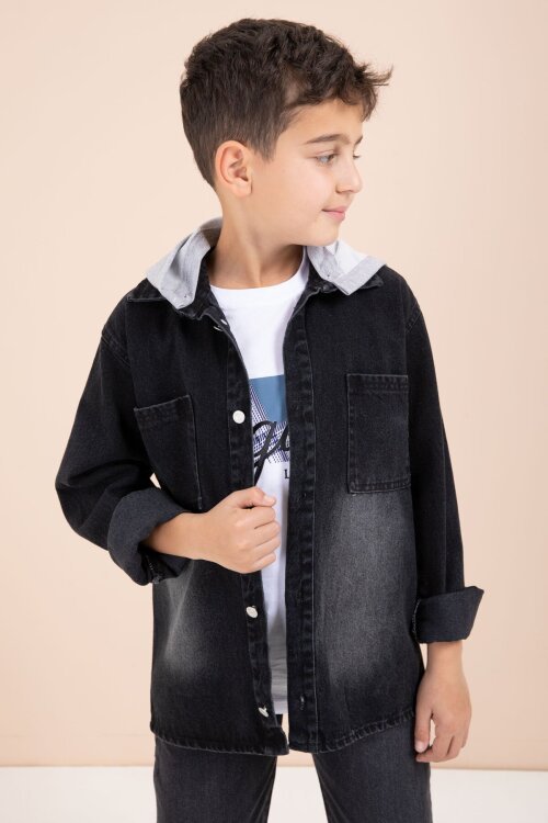 Siyah Kapüşonlu Ceketli Pantolonlu Erkek Çocuk 3lü Jean Takım  23623