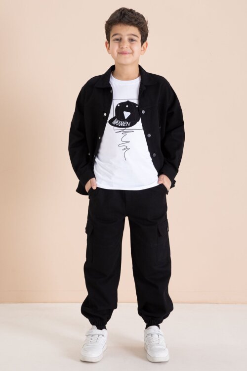 Siyah Kargo Cepli Jean Ceketli ve Pantolonlu Erkek Çocuk Tişörtlü 3lü Takım  23535