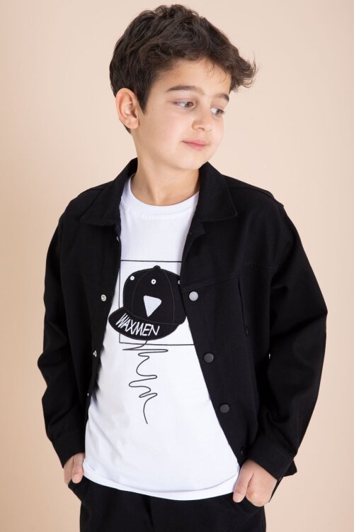 Siyah Kargo Cepli Jean Ceketli ve Pantolonlu Erkek Çocuk Tişörtlü 3lü Takım  23535