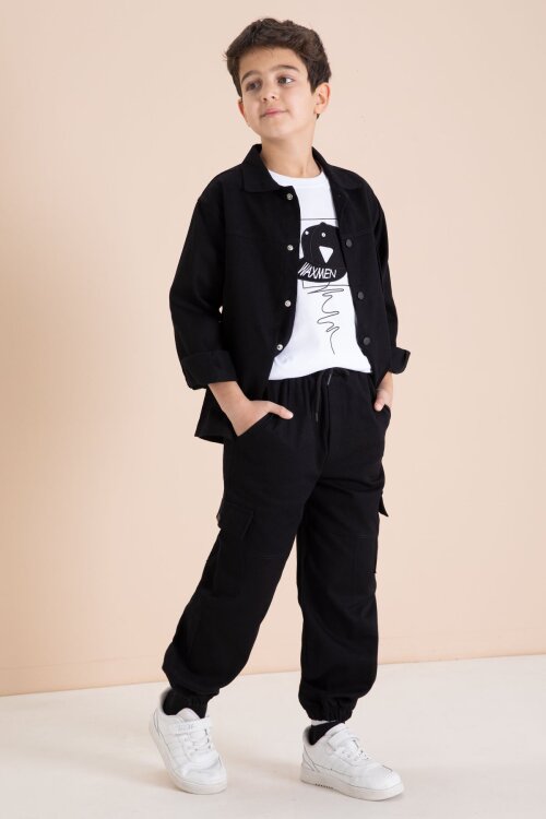 Siyah Kargo Cepli Jean Ceketli ve Pantolonlu Erkek Çocuk Tişörtlü 3lü Takım  23535