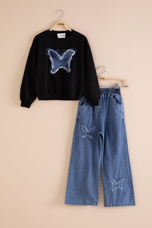 Siyah Kelebek Nakışlı Badili Jean Pantolonlu Kız Çocuk 2li Takım 23412