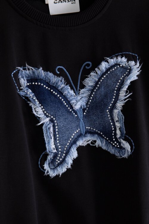 Siyah Kelebek Nakışlı Badili Jean Pantolonlu Kız Çocuk 2li Takım 23412